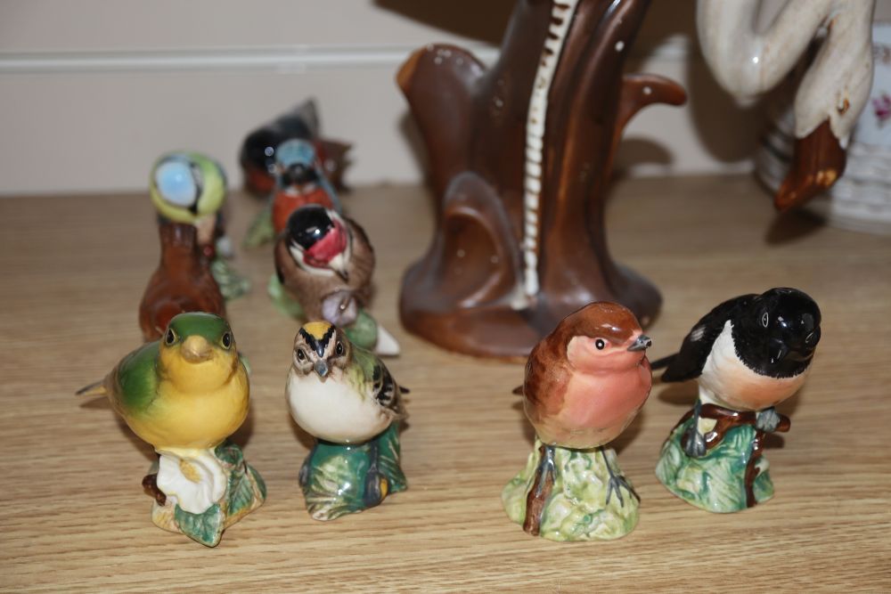 Ten Beswick birds, a David Sharp Rye pottery flamingo and a Goebel spotted woodpecker